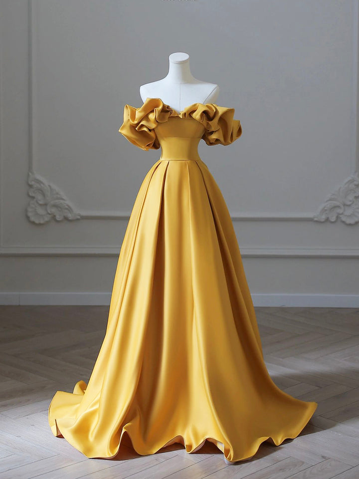 Luolandi Yellow Satin Long Prom Dress Off Shoulder A-Line Evening Dress Sexy